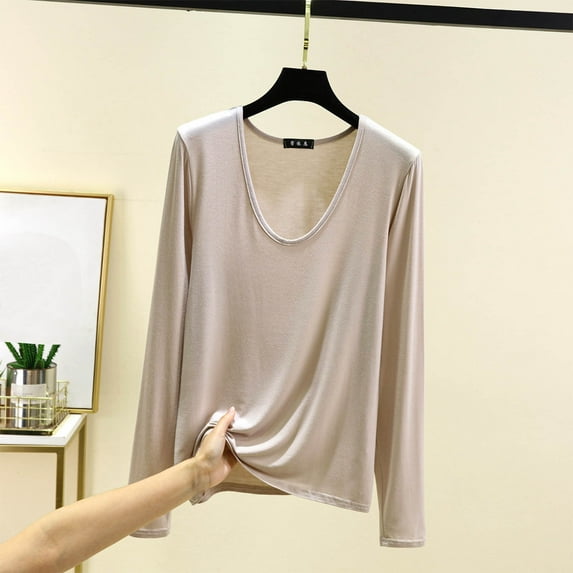 PNTUTB Women's Crew Neck Long Sleeve Tops Solid Color Fall Basic Comfort Pullover Undershirt
