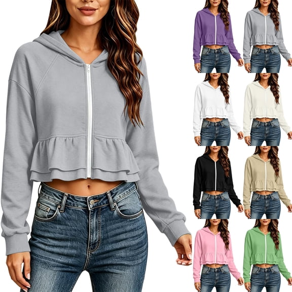 PNTUTB Women's Cropped Hoodie Coat Soild Color Ruffle Peplum Full Zip Long Sleeve Outerwear Loose Casual Comfort Daily Trendy Fashion Sportswear Coat