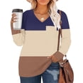 thumbnail image 1 of PNTUTB Women's Daily Casual V Neck Tri-color Patchwork Pocket T Shirt Pullover Long Sleeved Top, 1 of 6