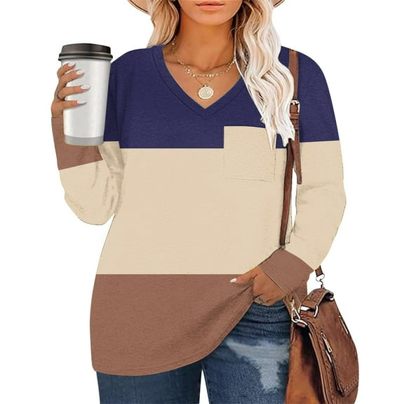 PNTUTB Women's Daily Casual V Neck Tri-color Patchwork Pocket T Shirt Pullover Long Sleeved Top