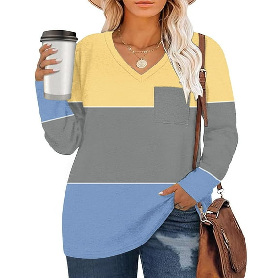 PNTUTB Women's Daily Casual V Neck Tri-color Patchwork Pocket T Shirt Pullover Long Sleeved Top