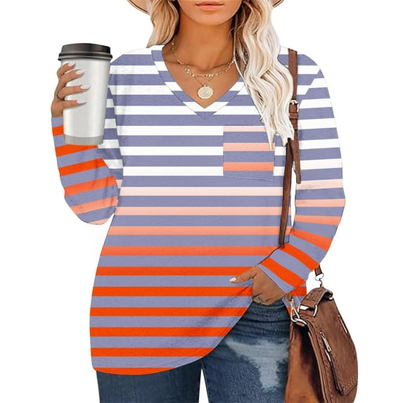 PNTUTB Women's Daily V Neck T Shirt Gradient Stripes Pocket Pullover Long Sleeved Casual Top