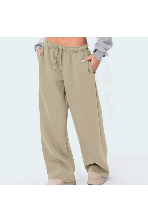 Women's Elastic Waistband Solid Color Trousers Casual Cuffed Hem Sport Long Pants with Multiple Pockets