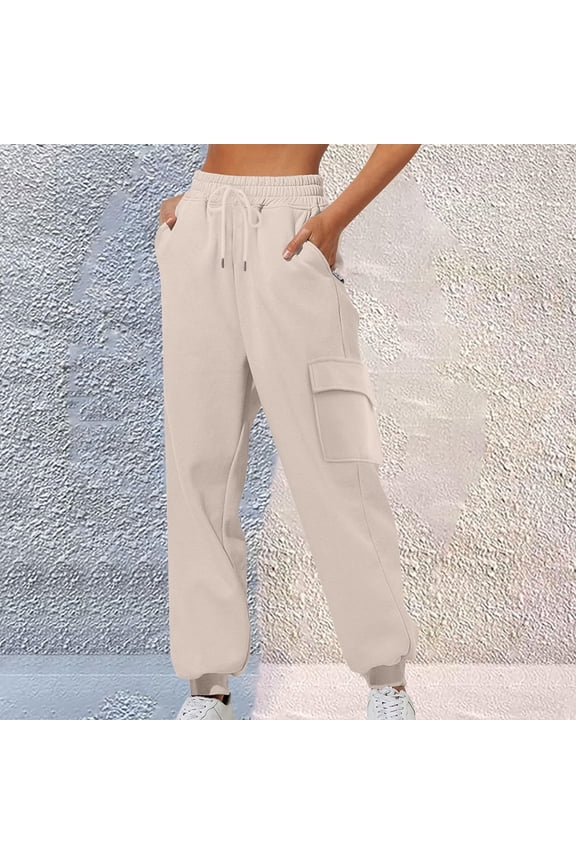 Women's Elastic Waistband Solid Color Trousers Casual Cuffed Hem Sport Long Pants with Multiple Pockets