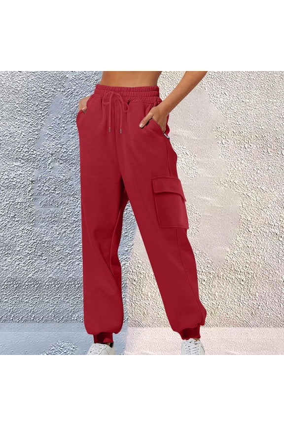 Women's Elastic Waistband Solid Color Trousers Casual Cuffed Hem Sport Long Pants with Multiple Pockets