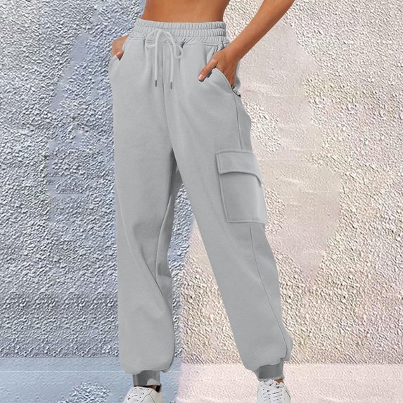 PNTUTB Women's Elastic Waistband Solid Color Trousers Casual Cuffed Hem Sport Long Pants with Multiple Pockets