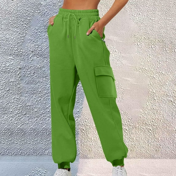 PNTUTB Women's Elastic Waistband Solid Color Trousers Casual Cuffed Hem Sport Long Pants with Multiple Pockets
