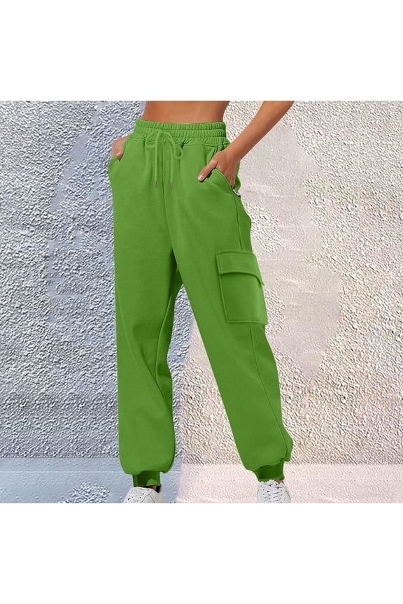 Women's Elastic Waistband Solid Color Trousers Casual Cuffed Hem Sport Long Pants with Multiple Pockets