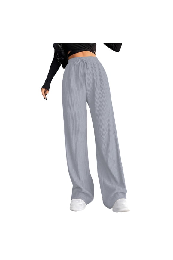 Women's Elastic Waistband Solid Color Trousers Casual Cuffed Hem Sport Long Pants with Multiple Pockets