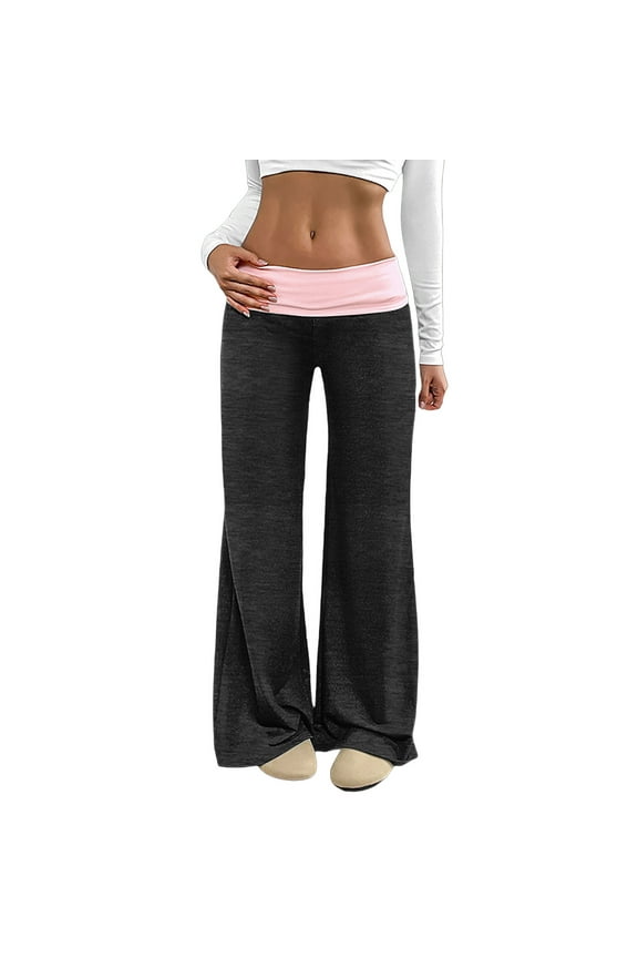 Women's Elastic Waistband Solid Color Trousers Casual Cuffed Hem Sport Long Pants with Multiple Pockets