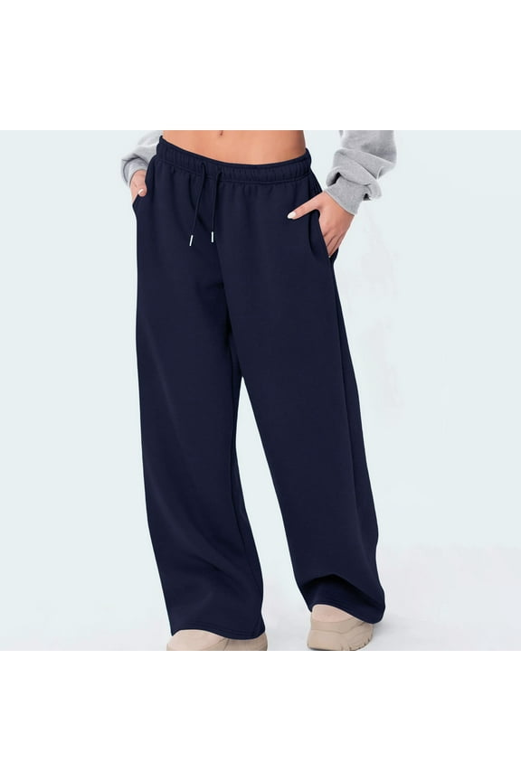 Women's Elastic Waistband Solid Color Trousers Casual Cuffed Hem Sport Long Pants with Multiple Pockets