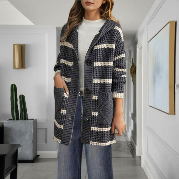 PNTUTB Women’s Fall Fashion Striped Casual Knit Cardigan Long Sleeve Button Hooded Loose Coat with Pockets