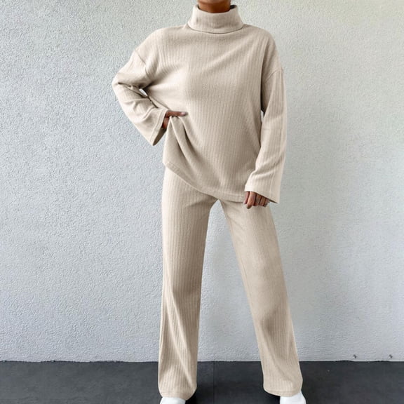 PNTUTB Women's Fall Outfits Lounge Sets Solid Color Mock Neck Side Slits Top Wide Leg Pant Casual Loose Comfort 2 Piece Sets