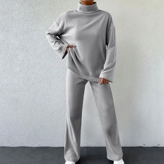 PNTUTB Women's Fall Outfits Lounge Sets Solid Color Mock Neck Side Slits Top Wide Leg Pant Casual Loose Comfort 2 Piece Sets