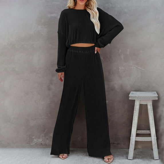PNTUTB Women's Fashion 2 Piece Set Solid Color Long Sleeve Elastic Waistband Short Top Wide Leg Pants Casual Loose Lounge Set