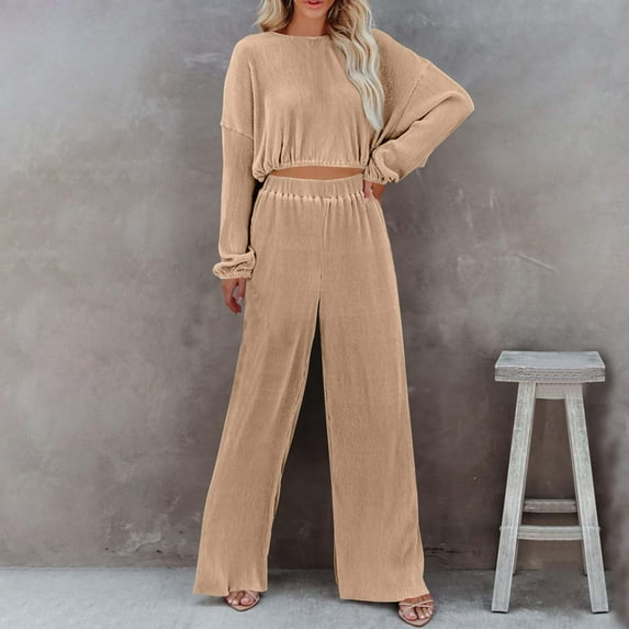 PNTUTB Women's Fashion 2 Piece Set Solid Color Long Sleeve Elastic Waistband Short Top Wide Leg Pants Casual Loose Lounge Set