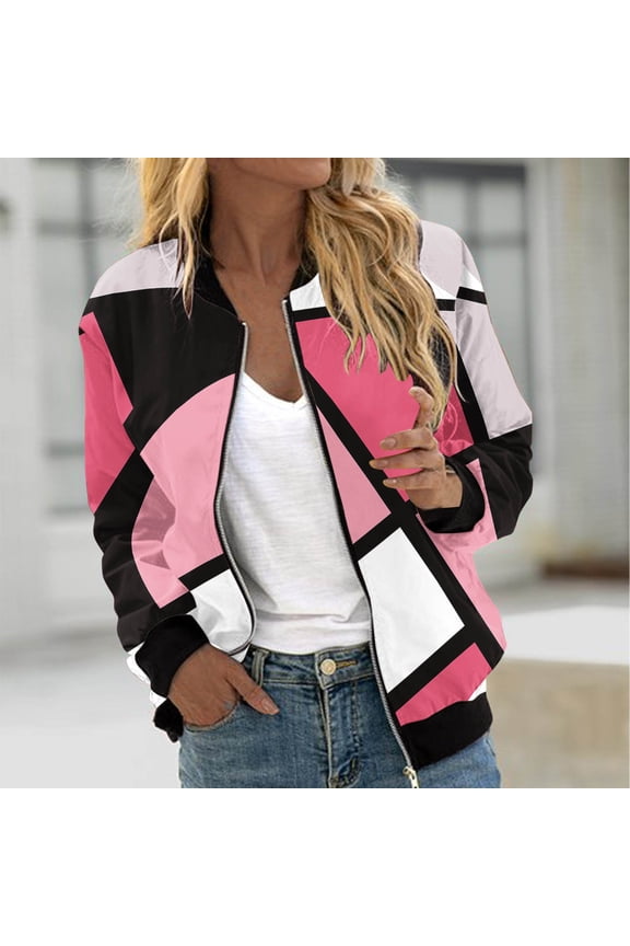 Women's Fashion Asymmetrical Print Zipper Pocket Hoodless Long Sleeve Casual Jacket&Flash Picks