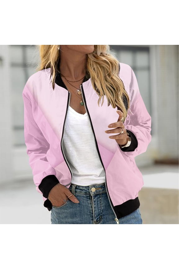 Casual Coat for Women Fashion Color Block Zipper Long Sleeve Pocketed Comfortable Jacket