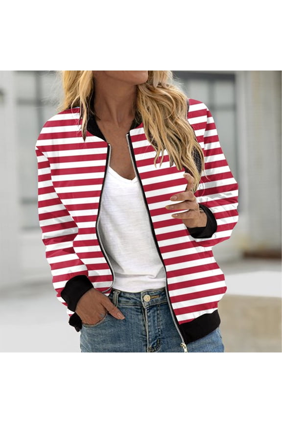 Women's Fashion Casual Fine Striped Print Zipper Long Sleeve Jacket with Pockets