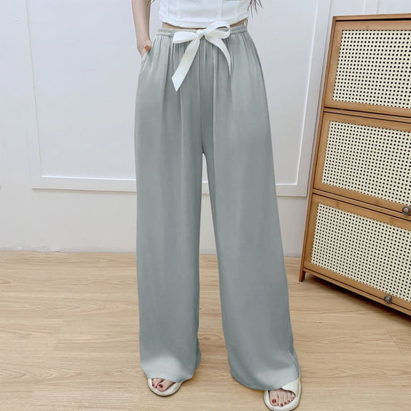 PNTUTB Women's Fashion Casual Solid Color Pocket Elastic Waist Comfortable Wide Leg Pants