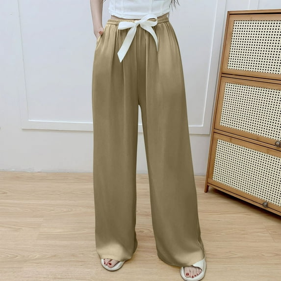 PNTUTB Women's Fashion Casual Solid Color Pocket Elastic Waist Comfortable Wide Leg Pants