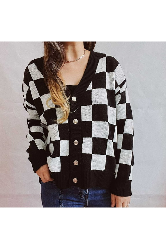 Women's Fashion Checkered Knit Cardigan Sweater Casual Long Sleeve Button Pockets Fall Loose Outwear