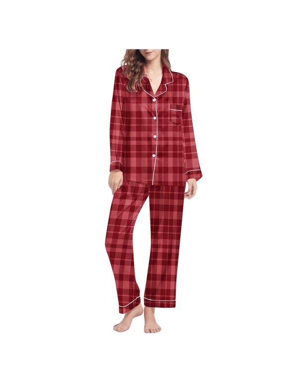 Women's Fashion Checkered Lapel Button Up Long Sleeve with Pocket Casual Loungewear Loose Comfort Pajamas Sets