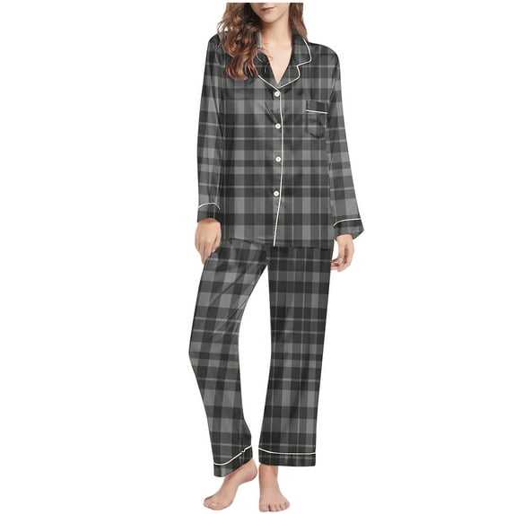 PNTUTB Women's Fashion Checkered Lapel Button Up Long Sleeve with Pocket Casual Loungewear Loose Comfort Pajamas Sets