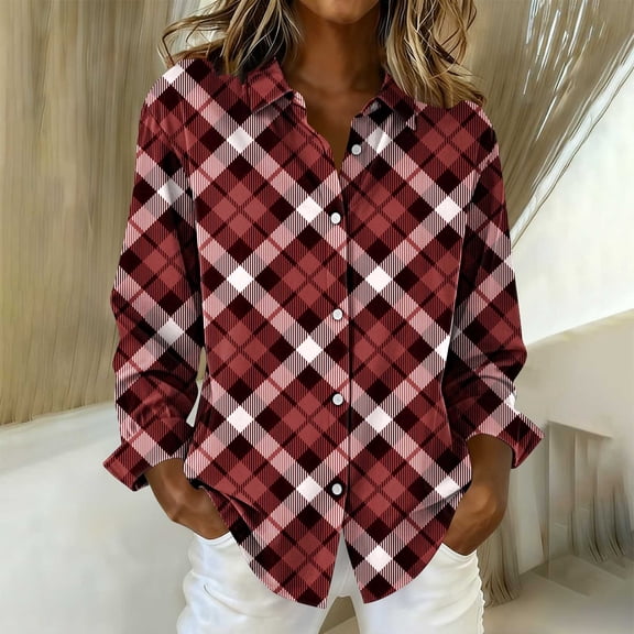 PNTUTB Women's Fashion Checkered Retro Printed Casual Lapel Single-breasted Shirts Long Sleeve Loose Blouses
