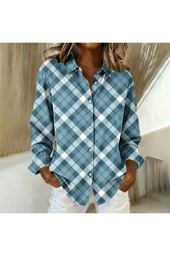 Women's Fashion Checkered Retro Printed Casual Lapel Single-breasted Shirts Long Sleeve Loose Blouses