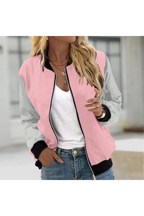 Women's Fashion Bomber Jacket Casual Zipper Coat Lightweight Long Sleeve Outerwear