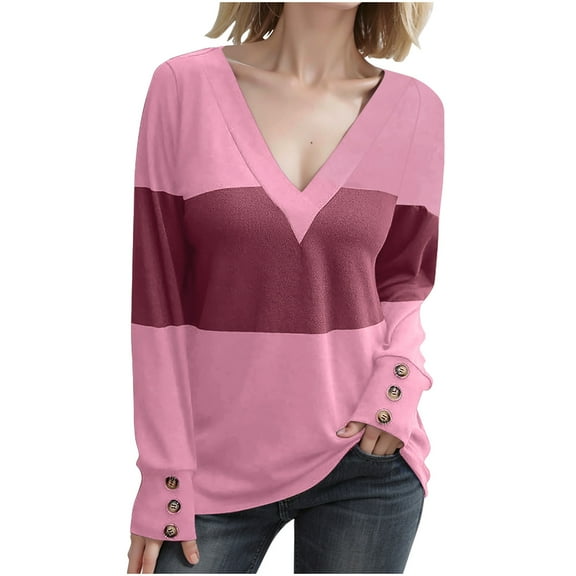 PNTUTB Women's Fashion Color Block V-Neck Long Sleeve Buttoned Cuff Casual Oversized Pullover Top&Flash Picks