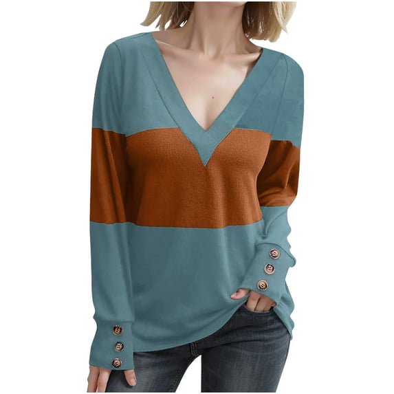 PNTUTB Women's Fashion Color Block V-Neck Long Sleeve Buttoned Cuff Casual Oversized Pullover Top&Flash Picks