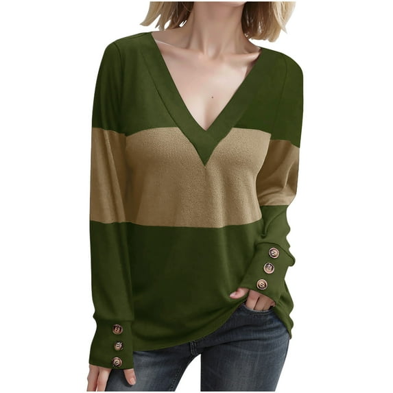 PNTUTB Women's Fashion Color Block V-Neck Long Sleeve Buttoned Cuff Casual Oversized Pullover Top&Flash Picks