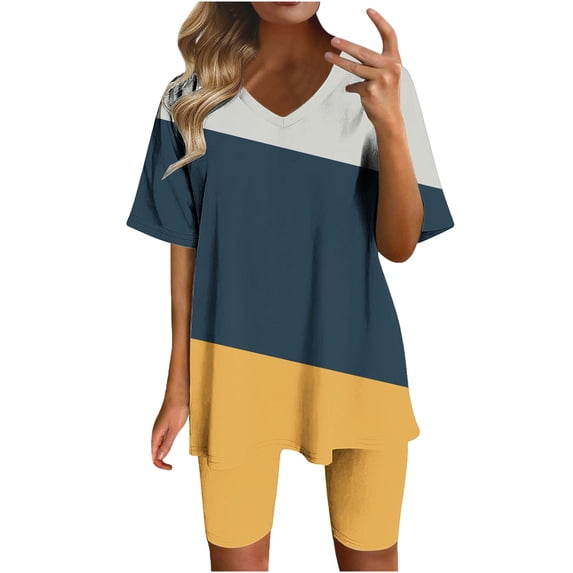 PNTUTB Women's Fashion Color Blocked Casual Loose Comfortable V Neck Short Sleeve Top and Shorts Set