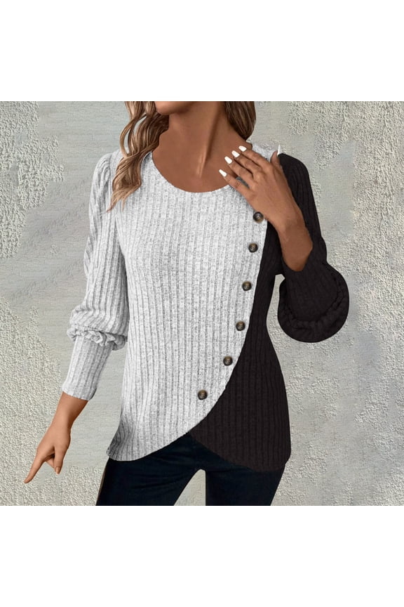 Women's Fashion Color-blocked Ribbed Cross-over Hem Button Casual Long Sleeve Pullover Tops