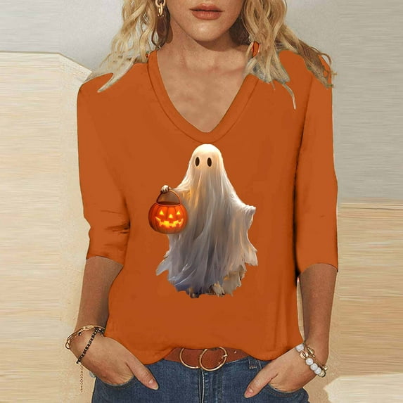 PNTUTB Women's Fashion Comfortable Halloween Printed 3/4 Sleeve V Neck Casual Basic Tops Blouse