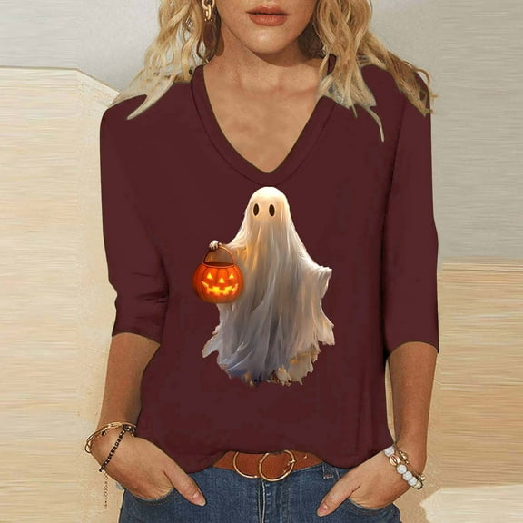 PNTUTB Women's Fashion Comfortable Halloween Printed 3/4 Sleeve V Neck Casual Basic Tops Blouse