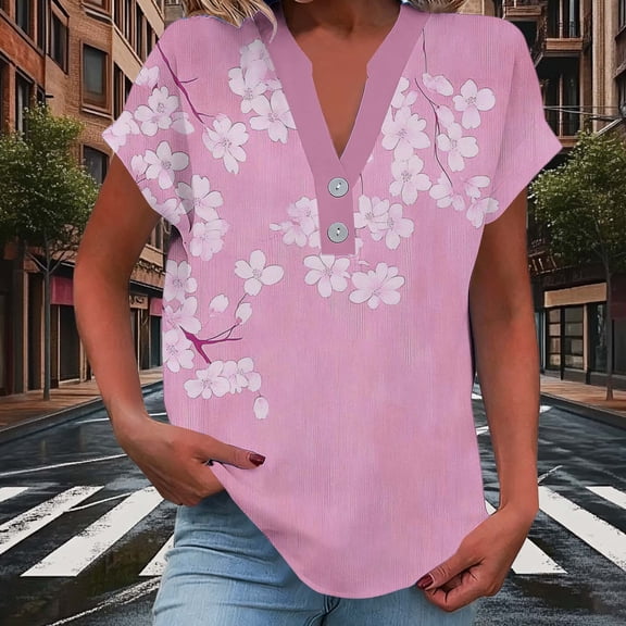 PNTUTB Women's Fashion Floral Print Casual V Neck Button Short Sleeve Comfortable Loose Pullover T Shirts