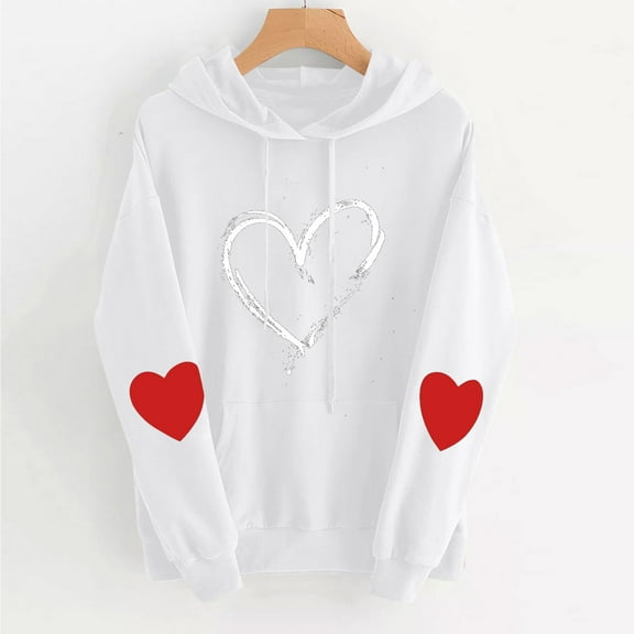 PNTUTB Women's Fashion Heart Print Long Sleeve Drawstring Hoodies Casual Pullover Sweatshirts with Pocket