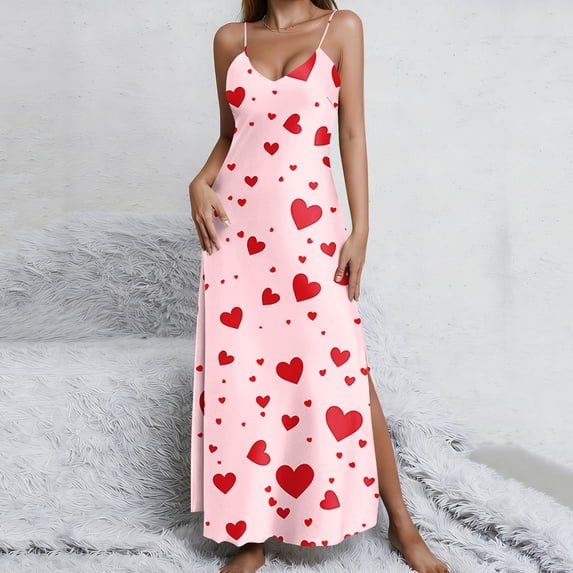 PNTUTB Women's Fashion Heart Print Summer Casual V Neck Sleeveless Loose Comfort Split Hem Ankle Length Dress