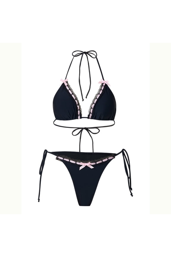 Women's Fashion Lace Trimmed Deep V Neck Bow Tie Bikini Two Piece Comfort Swimsuit Set