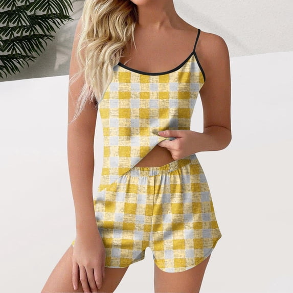 PNTUTB Women's Fashion Plaid Casual Sleeveless Tank Top with Elastic Waist Shorts Comfortable Homewear Pajama Set