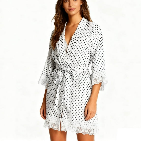 PNTUTB Women's Fashion Polka Dot Lace Spaghetti-strap Top and Shorts Tie-front Robe Casual Homewear Pajama Set