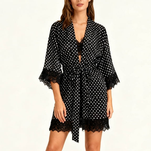 PNTUTB Women's Fashion Polka Dot Lace Spaghetti-strap Top and Shorts Tie-front Robe Casual Homewear Pajama Set