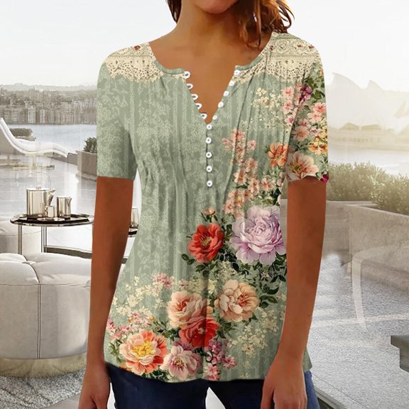 PNTUTB Women's Fashion Printed Casual Pullover V Neck Ruffled Button Up Loose Short Sleeve T Shirts