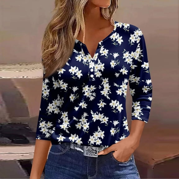 PNTUTB Women's Fashion Printed V Neck Button 3/4 Sleeve Casual Loose Comfortable Versatile Tops