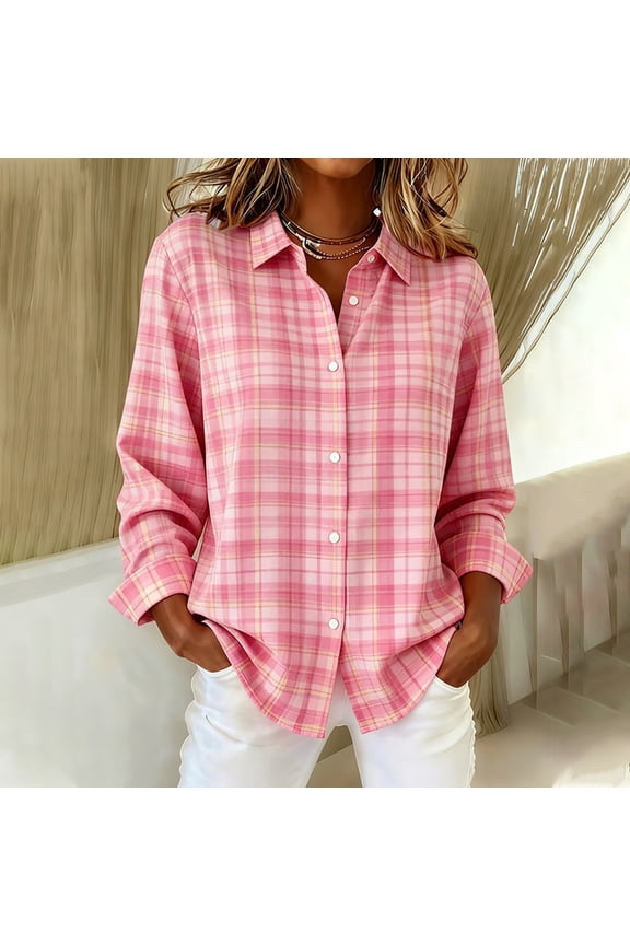 Women's Fashion Retro Checkered Printed Lapel Button Down Shirts Long Sleeve Casual Loose Comfort Blouses