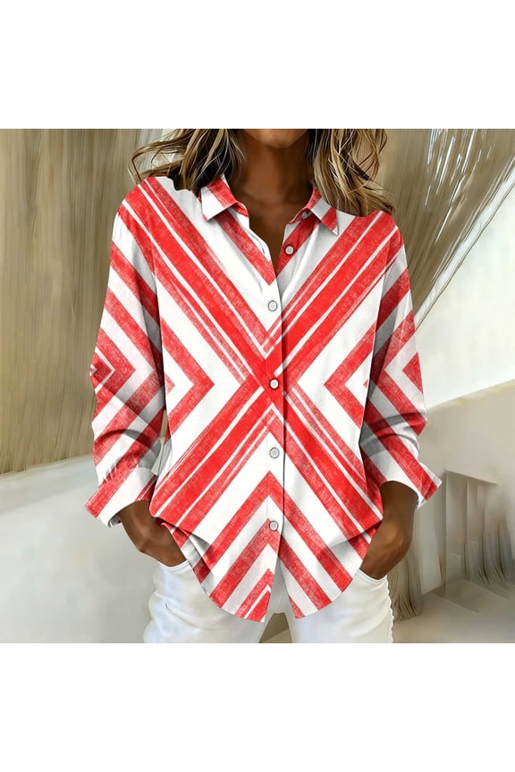 Women's Fashion Retro Checkered Printed Lapel Single-breasted Long Sleeve Shirts Casual Loose Blouses