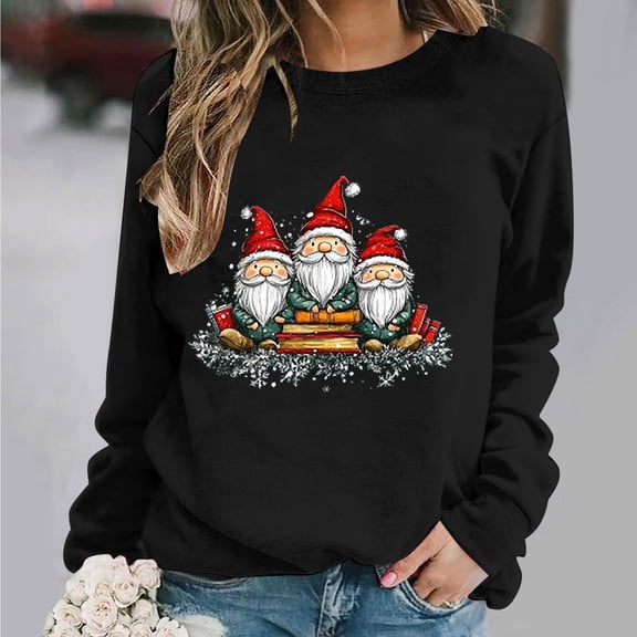 PNTUTB Women's Fashion Santa Claus Pattern Print Casual Crewneck Long Sleeve Loose Pullover Hoodless Sweatshirt